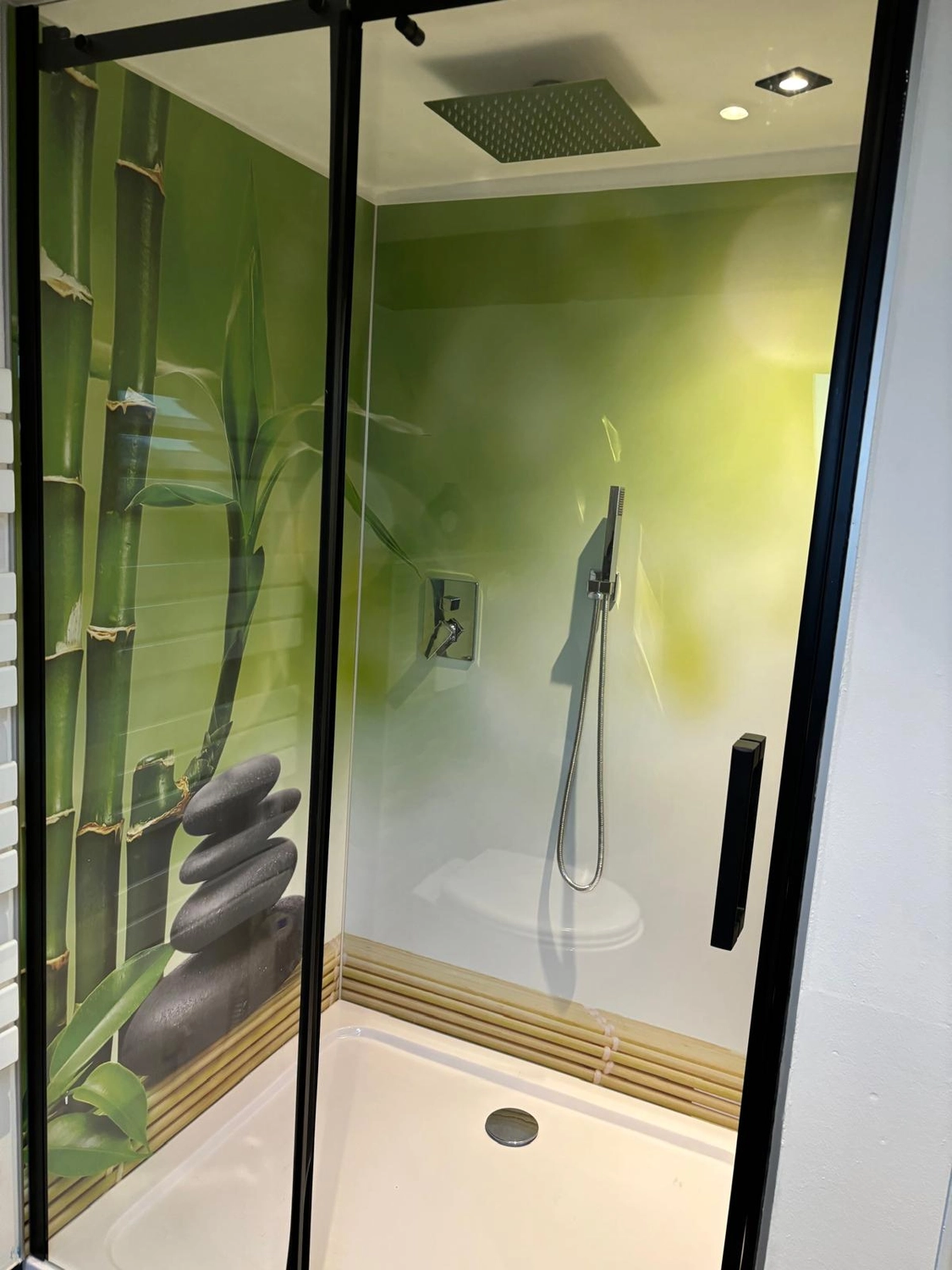 Ecklebe - Ferienwohnung - Ein Duschbereich mit Glasabtrennung, einem weißen beheizten Handtuchhalter und dekorativen Bambusstängeln im Inneren der Dusche.