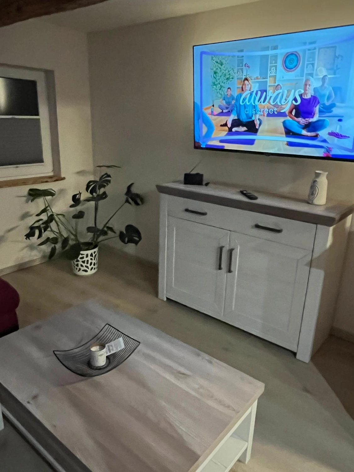 Ecklebe - Ferienwohnung - Eine Innenaufnahme zeigt einen Essbereich und einen Teil des Wohnzimmers, mit einem Fernseher über einem weißen Schrank und einer kleinen künstlichen Pflanze auf einem Couchtisch.